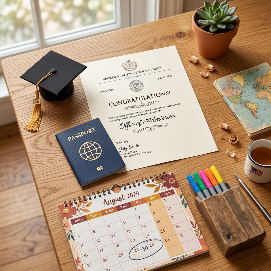 Cronograma de solicitud de visa de estudios con calendario y documentos